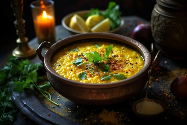 Uma tigela de lentilhas de cenoura e sopa de arroz, entre outros ingredientes, no estilo da cultura pop indiana