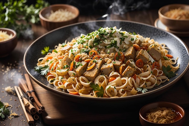 Uma tigela de macarrão com carne e legumes com fumaça fumegante