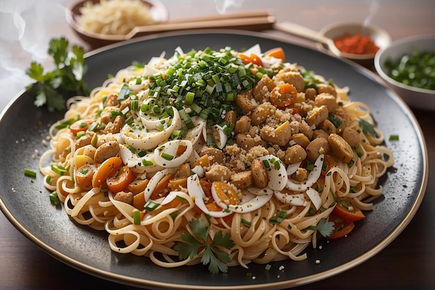 Uma tigela de macarrão com carne e legumes com fumaça fumegante