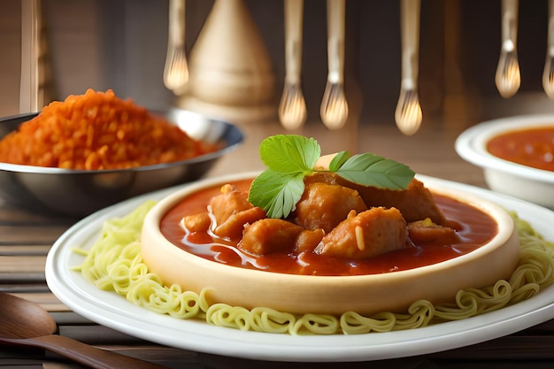 Uma tigela de macarrão com carne e molho