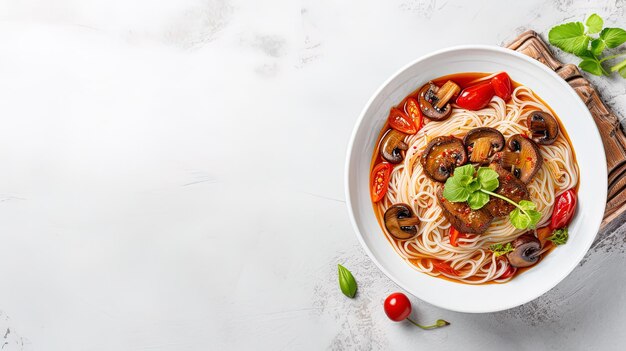 uma tigela de macarrão com carne e vegetais em uma mesa