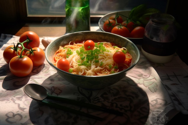 Uma tigela de macarrão com cebolinha e uma garrafa de cerveja na mesa.