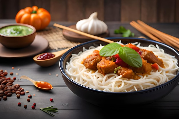 Uma tigela de macarrão com frango e legumes em uma mesa preta.