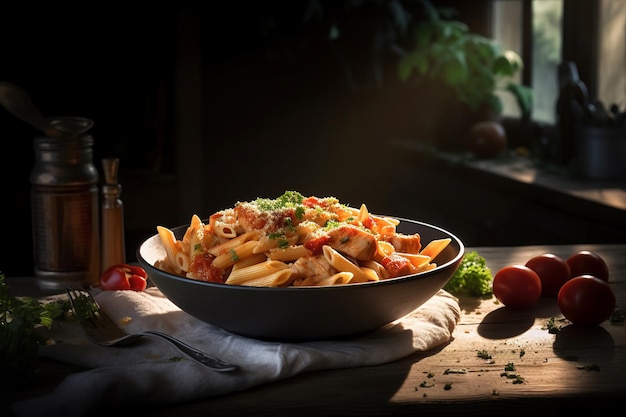 Uma tigela de macarrão com frango e tomate em uma mesa.