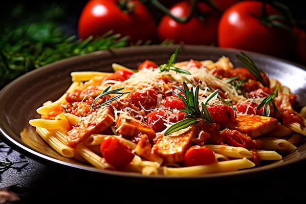 Uma tigela de macarrão com frango, tomate e queijo.