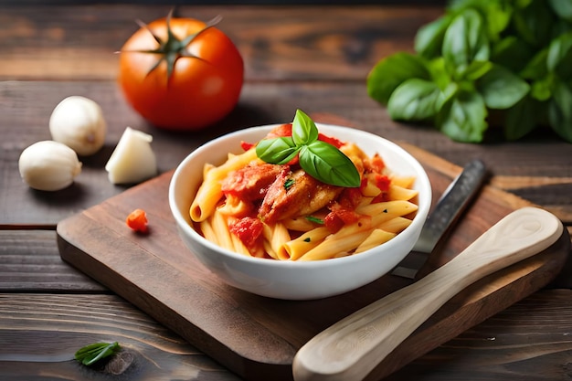 Uma tigela de macarrão com molho de tomate e manjericão em uma tábua de madeira.