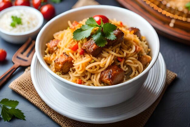 Uma tigela de macarrão com molho de tomate vermelho e uma garrafa de vinho tinto atrás dela.