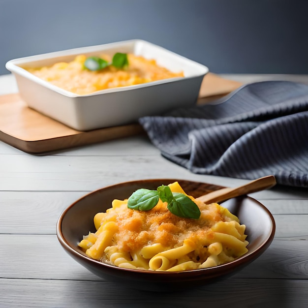 Uma tigela de macarrão com queijo fica ao lado de um prato de macarrão com queijo.