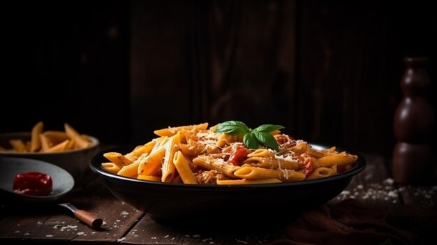 Foto uma tigela de macarrão penne com frango e manjericão em uma mesa de madeira.