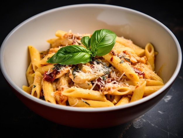 Uma tigela de macarrão penne com frango e manjericão