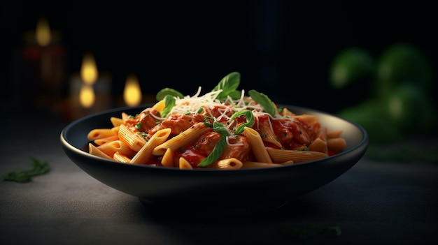 Uma tigela de macarrão penne com molho de tomate e manjericão em um fundo escuro.