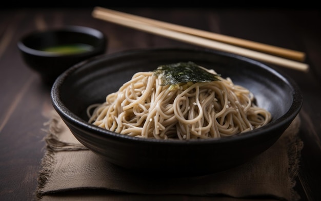 Uma tigela de macarrão soba com pauzinhos ao lado.