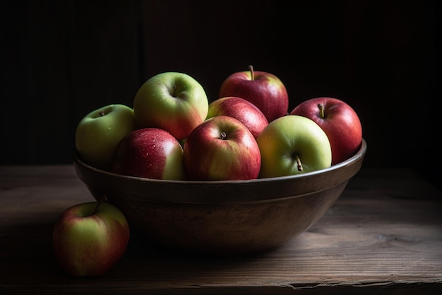 Uma tigela de maçãs em uma mesa de madeira Generative AI