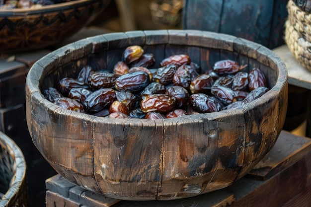 Uma tigela de madeira cheia de tâmaras