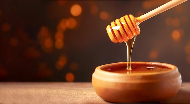 Uma tigela de madeira com uma concha de mel sendo mergulhada em mel.