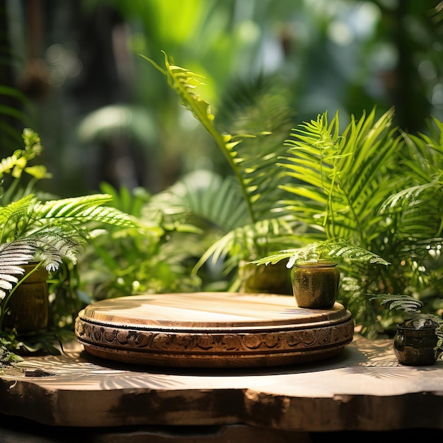 uma tigela de madeira com uma planta no meio