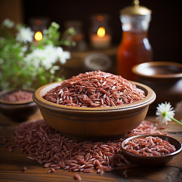 Uma tigela de madeira de arroz vermelho nutritivo na mesa