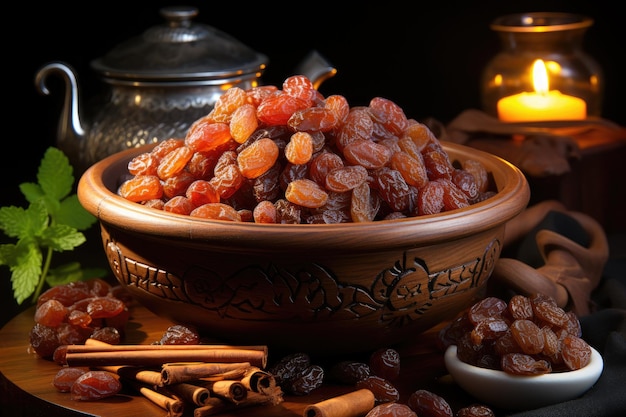 Uma tigela de madeira de fotografia de produto Raisins