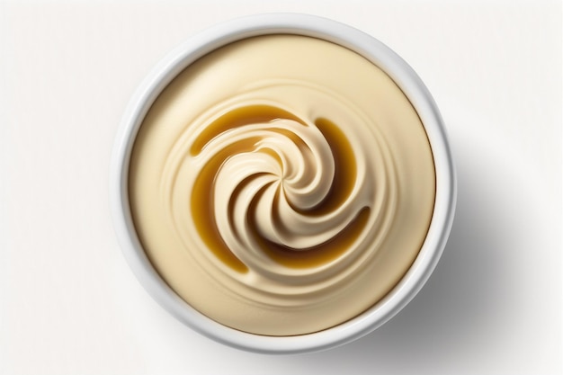 Uma tigela de maionese fica sobre uma superfície branca.