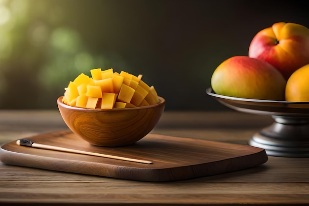 Uma tigela de mangas está sobre uma tábua de corte de madeira ao lado de uma tigela de frutas.