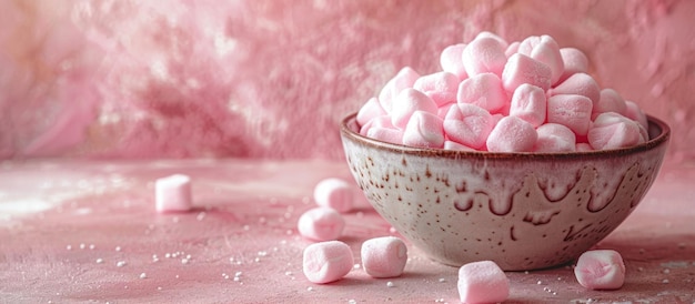 Uma tigela de marshmallows cor-de-rosa na mesa