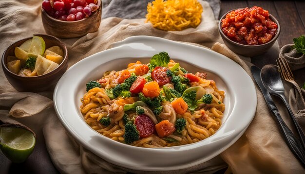 Foto uma tigela de massa com vegetais e carne