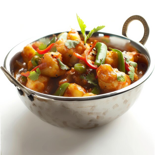 Uma tigela de metal cheia de Aloo Gobi e outros pratos indianos em uma mesa