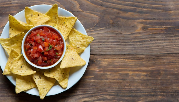 Foto uma tigela de molho de salsa fresco com nachos em uma mesa de madeira