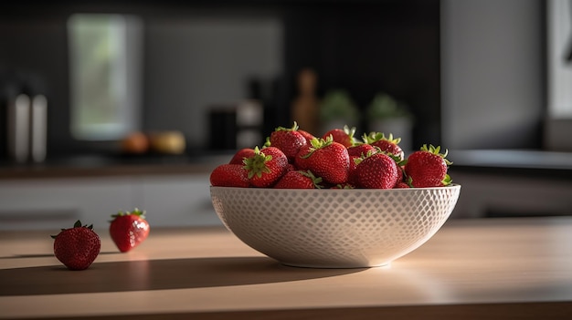 Uma tigela de morangos em um balcão com algumas outras frutas