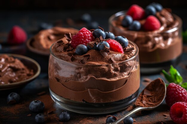 Uma tigela de mousse de chocolate com framboesas e mirtilos