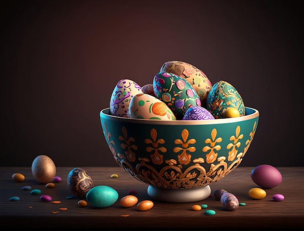 Uma tigela de ovos de páscoa coloridos está sobre uma mesa.