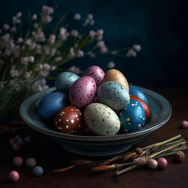 Foto uma tigela de ovos de páscoa com fundo azul e uma flor rosa no fundo.