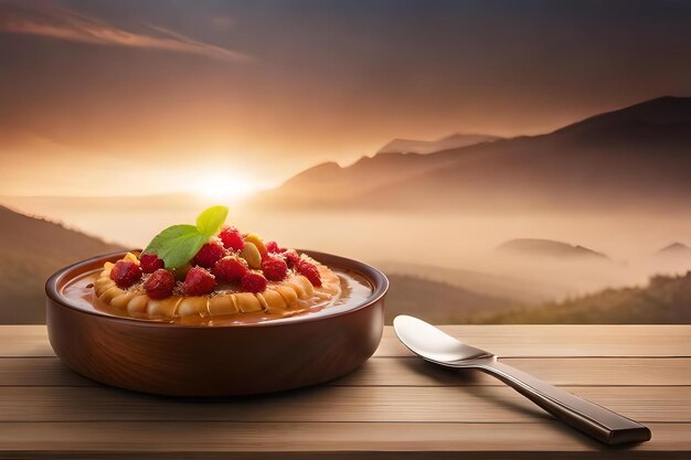 Uma tigela de panquecas de cranberry com uma colher em uma mesa