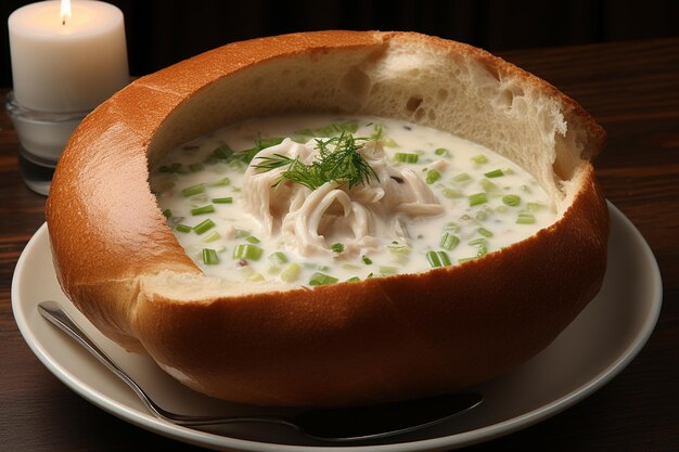 Foto uma tigela de pão em forma de peixe cheia de sopa de amêijoas