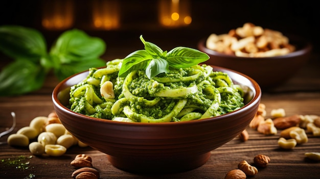 Foto uma tigela de pasta com pesto e nozes em uma mesa de madeira