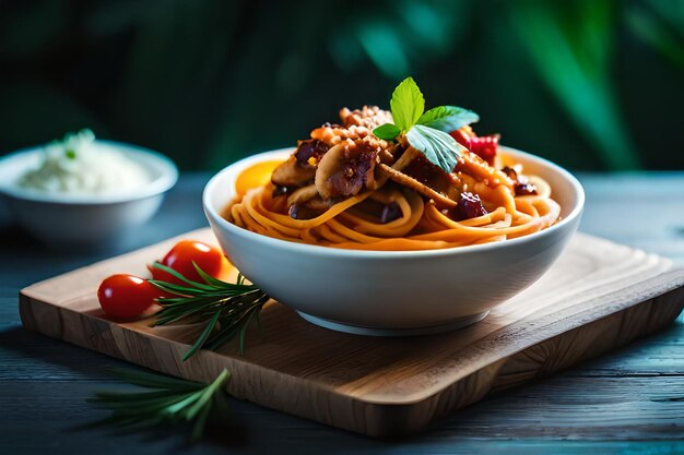 uma tigela de pasta com um tomate e uma folha verde