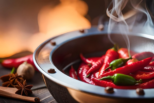 Uma tigela de pimenta vermelha com fogo ao fundo