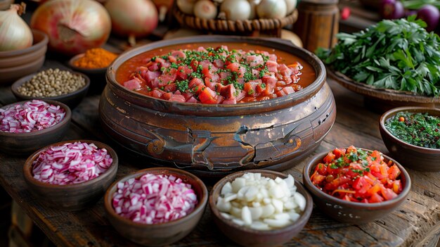 Uma tigela de pimentão com tigelas de vegetais em uma mesa de madeira