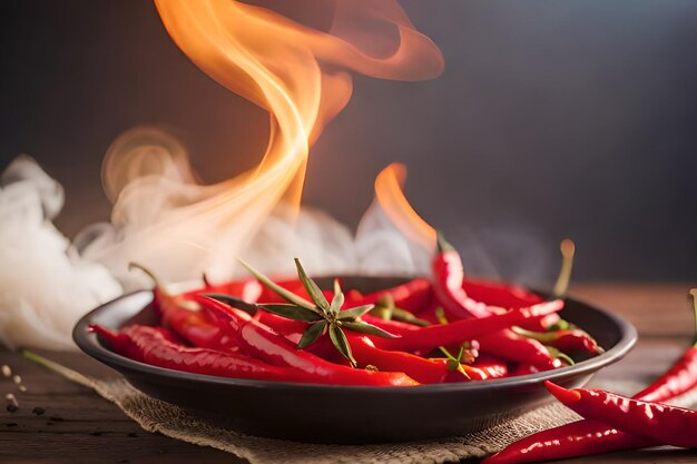 Uma tigela de pimentas vermelhas com fumaça saindo dela