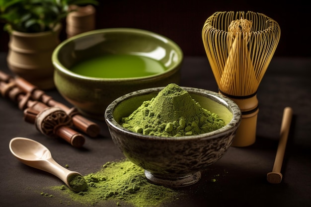 Uma tigela de pó de matcha verde fica ao lado de um batedor e um batedor.