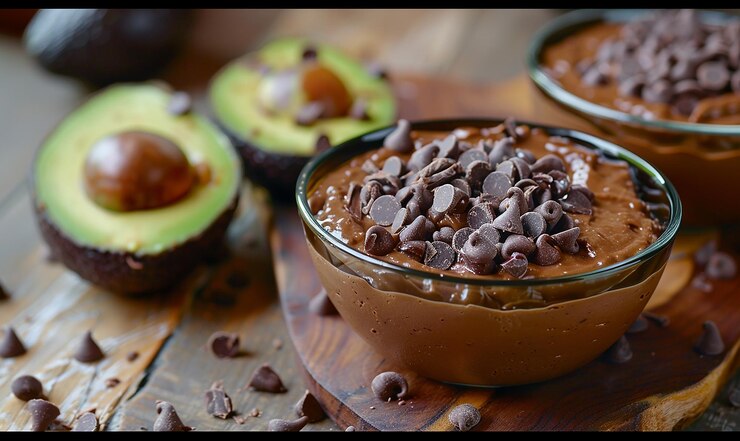 Foto uma tigela de pudim de chocolate com chips de chocolate e uma tigela de chips de chocolate