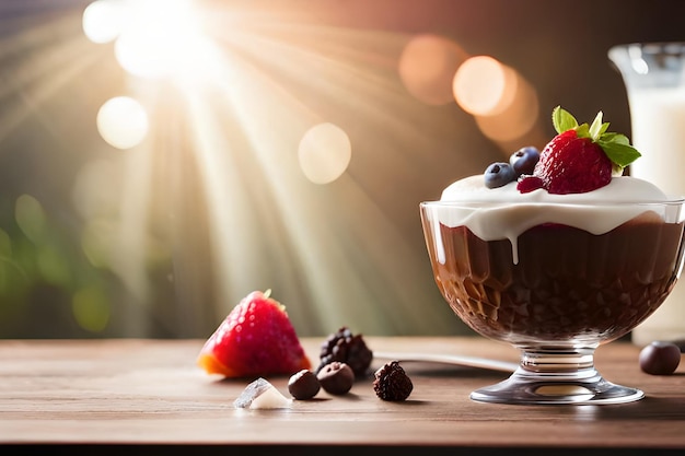 Uma tigela de pudim de chocolate com frutas por cima