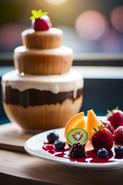 Uma tigela de pudim de chocolate com frutas