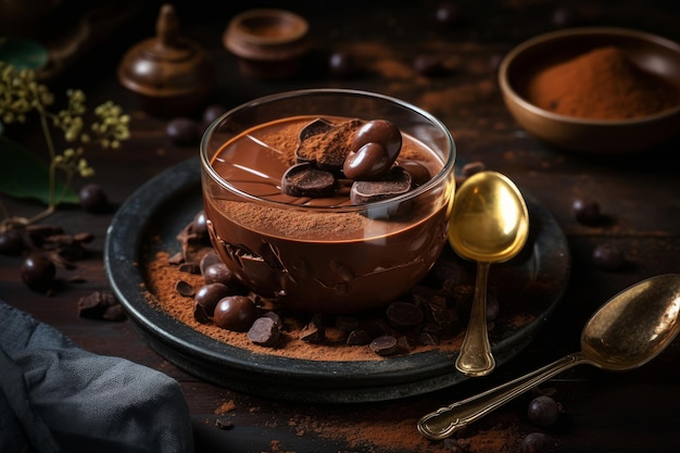 Uma tigela de pudim de chocolate com gotas de chocolate em um prato.