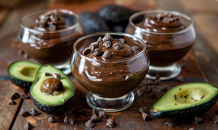 Foto uma tigela de pudim de chocolate com uma tigela de budim de chocolate nela