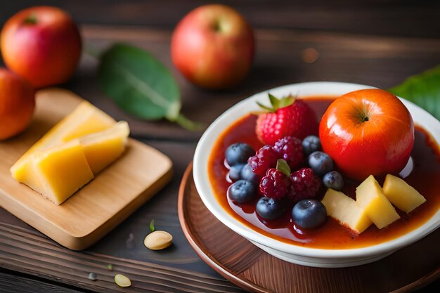 uma tigela de queijo, frutas e queijo em uma tábua de corte de madeira