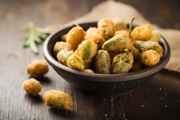 Uma tigela de quiabo frito em uma mesa de madeira