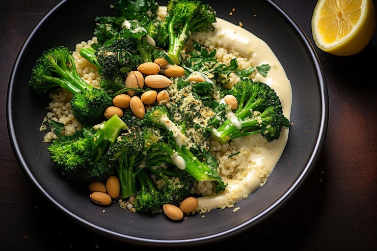 Foto uma tigela de quinoa com molho de tahini de couve-flor assado e uma pitada de sumaco