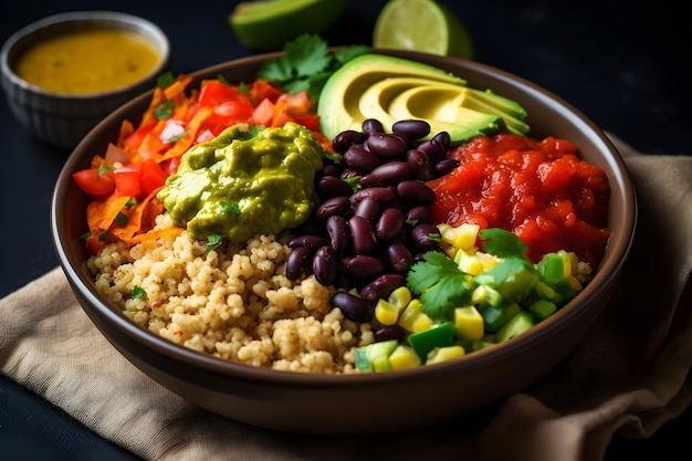 Uma tigela de quinoa de feijão preto com abacate, abacate e guacamole.