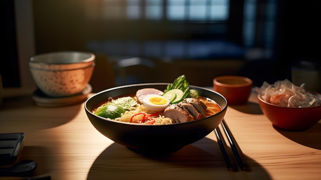 Uma tigela de ramen com macarrão de carne, ovo e vegetais asiáticos, comida japonesa.